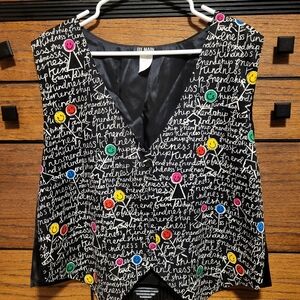 Women's 111 Main 90s Black Printed Vest with Multicolor Smiley Accents